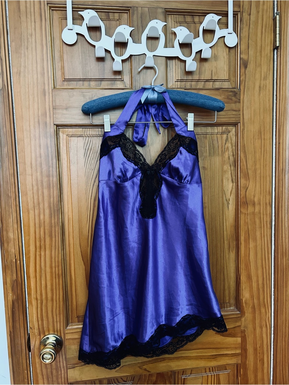 Y2K Frederick's of Hollywood Purple Satin Halter Slip with Black Lace